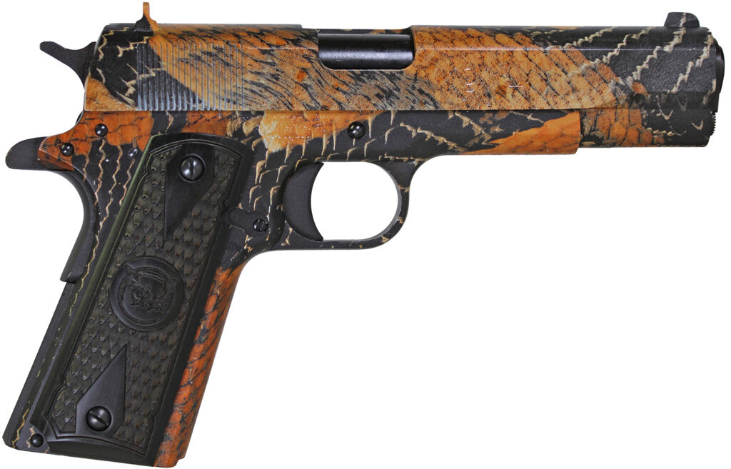 Iver Johnson Arms 1911A1BOA 1911 A1 BOA 45 ACP 8+1 5″ Black Steel Barrel, BOA Snakeskin Steel Serrated Slide, BOA Snakeskin Steel Frame w/Beavertail, Black Dymondwood Snakeskin Grip