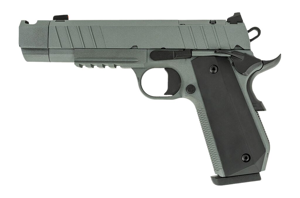 Tisas Arms 10100135 1911 Night Stalker Carry 45 ACP 8+1 4.25″ Black Bull Barrel, Gray Cerakote Carbon Steel Serrated Slide, Gray Cerakote Carbon Steel Frame w/Beavertail & Picatinny Rail, Black Rubber