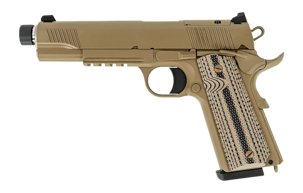 Tisas Arms 10100565 1911 Duty 45 ACP 8+1 5″ Threaded Barrel, Flat Dark Earth Stainless Steel Serrated Slide & Frame w/Picatinny Rail, G10 Grip