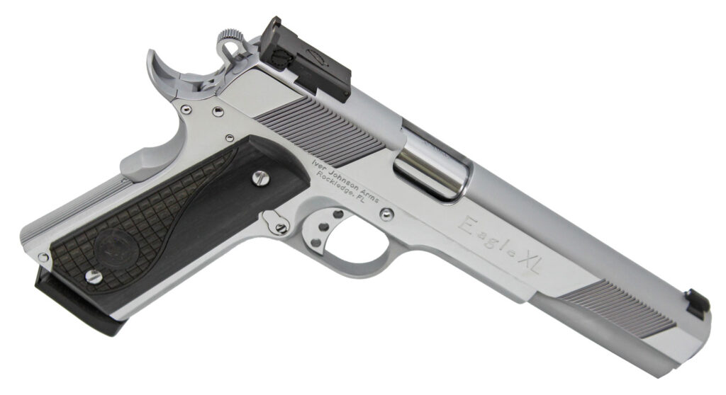 Iver Johnson Arms EAGLEXLC45 Eagle XL  45 ACP 8+1 6″ Steel Barrel, Bright Chrome High Polished Long/Serrated Steel Slide & Frame w/Beavertail, Diamondwood Walnut w/Integrated Logo Grip, Right Hand
