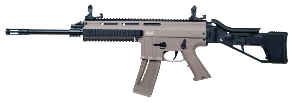 Mauser Rimfire 4150014 M-15  22 LR 22+1 16.50″ Barrel w/Flash Hider, Steel Receiver w/Tan Finish, Flip Up Front & Rear Sights, Side Folding Stock w/Adjustable Cheekrest, Manual Thumb Safety
