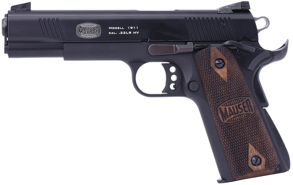 Mauser Rimfire 4110602 1911  22 LR 10+1 5″ Black Steel Barrel, Black Serrated Slide, Black Aluminum Frame w/Beavertail, Walnut Grip, Ambidextrous