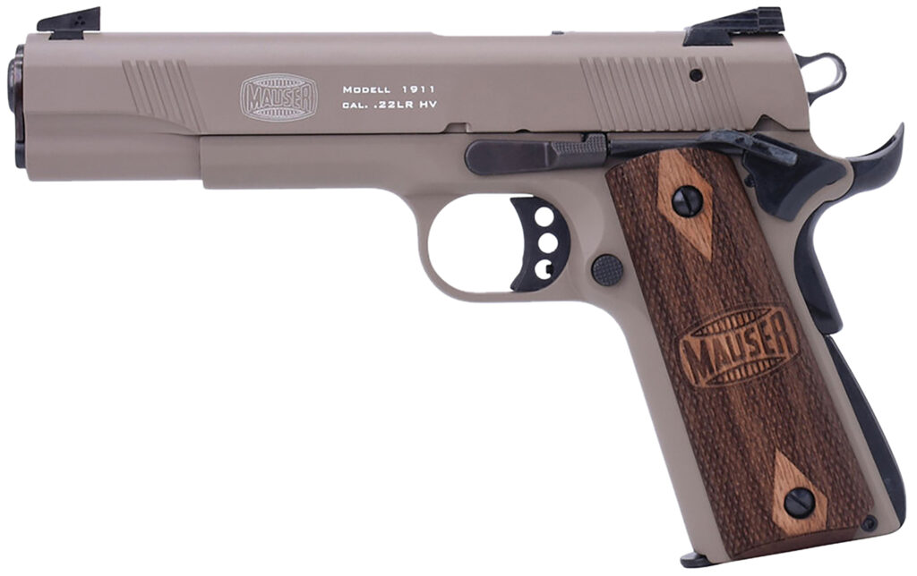 Mauser Rimfire 4110604 1911  22 LR 10+1 5″ Black Steel Barrel, Tan Serrated Aluminum Slide, Tan Aluminum Frame w/Beavertail, Walnut Grip, Ambidextrous