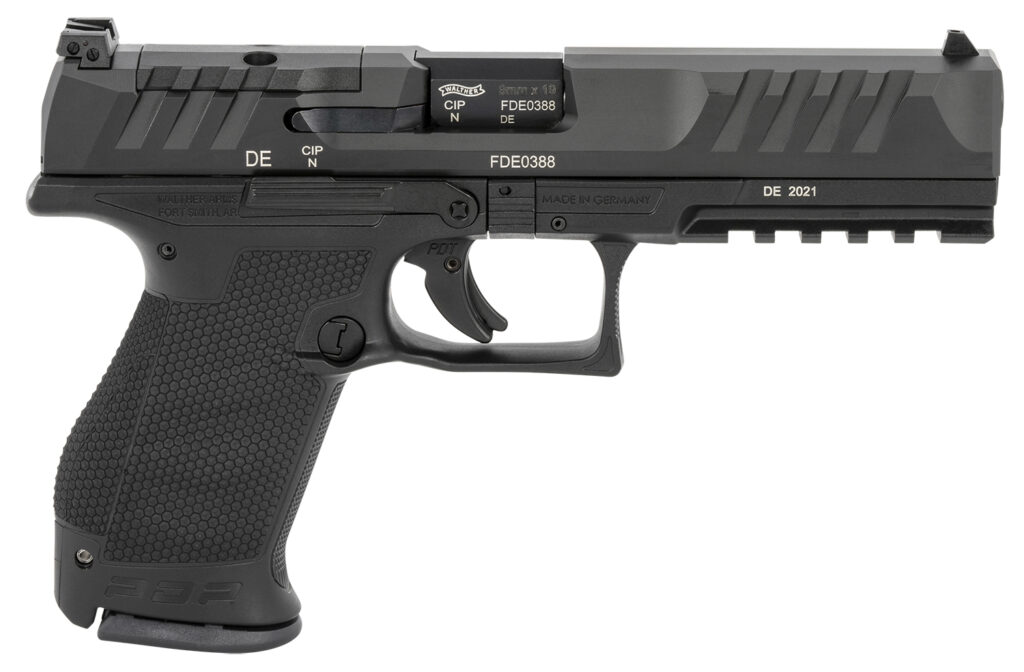 Walther Arms 2844222 PDP  Compact Frame 9mm Luger 15+1 5″ Black Steel Barrel, Black Optic Ready/Serrated Steel Slide, Black Polymer Frame w/Picatinny Rail, Textured Polymer Grip, Ambidextrous