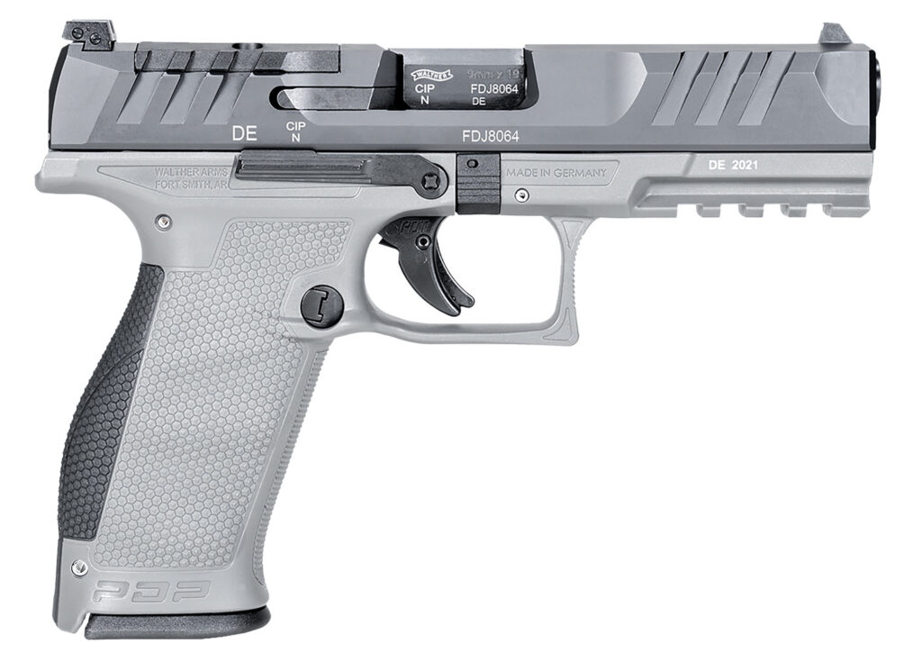 Walther Arms 2858371NP3 PDP  Full Size Frame 9mm Luger 18+1 4.50″ Stainless Polygonal Rifled Barrel, Optic Ready/Serrated Steel Slide, Gray Polymer Frame w/Picatinny Rail Ambidextrous