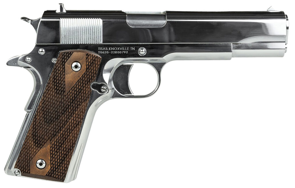 Tisas 10100513 1911 Regulator Full Size Frame 9mm Luger/38 Super 9+1 5″ Stainless Steel Barrel, Polished Chrome Steel Serrated Slide, Chrome High Polished Steel Frame w/Beavertail, Turkish Walnut Grip