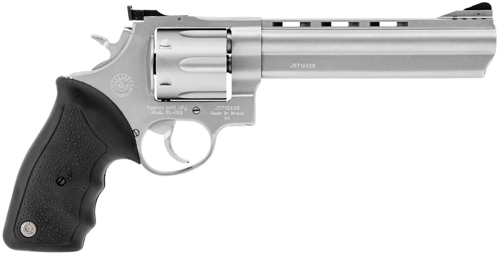 Taurus 2-440069 44  Large 44 Rem Mag 6 Shot 6.50″ Matte Stainless Ported Barrel, Cylinder & Frame, Black Finger Grooved Rubber Grip, Transfer Bar Safety, Exposed Hammer