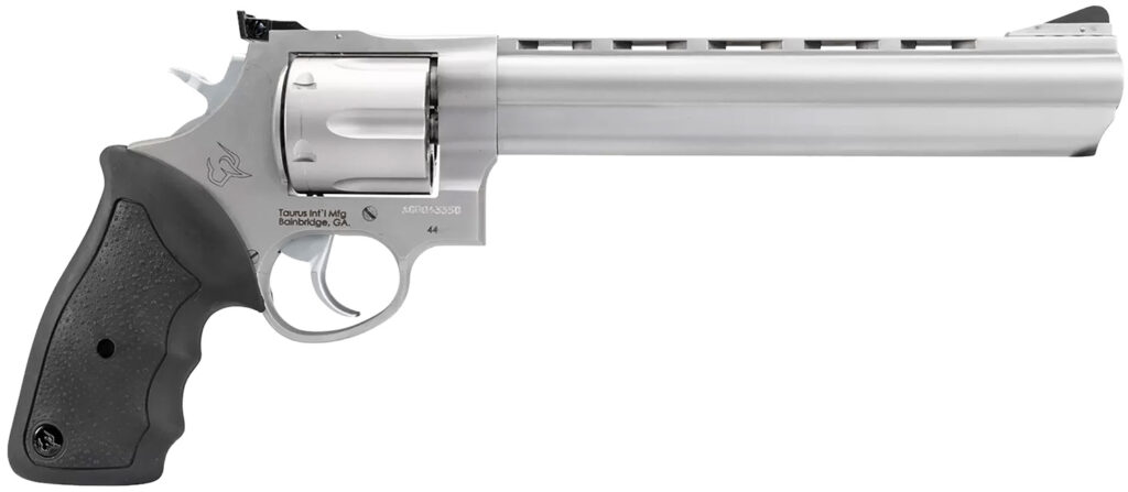 Taurus 2-440089 44  Large 44 Rem Mag 6 Shot 8.37″ Matte Stainless Ported Barrel, Cylinder & Frame, Black Finger Grooved Rubber Grip, Transfer Bar Safety, Exposed Hammer