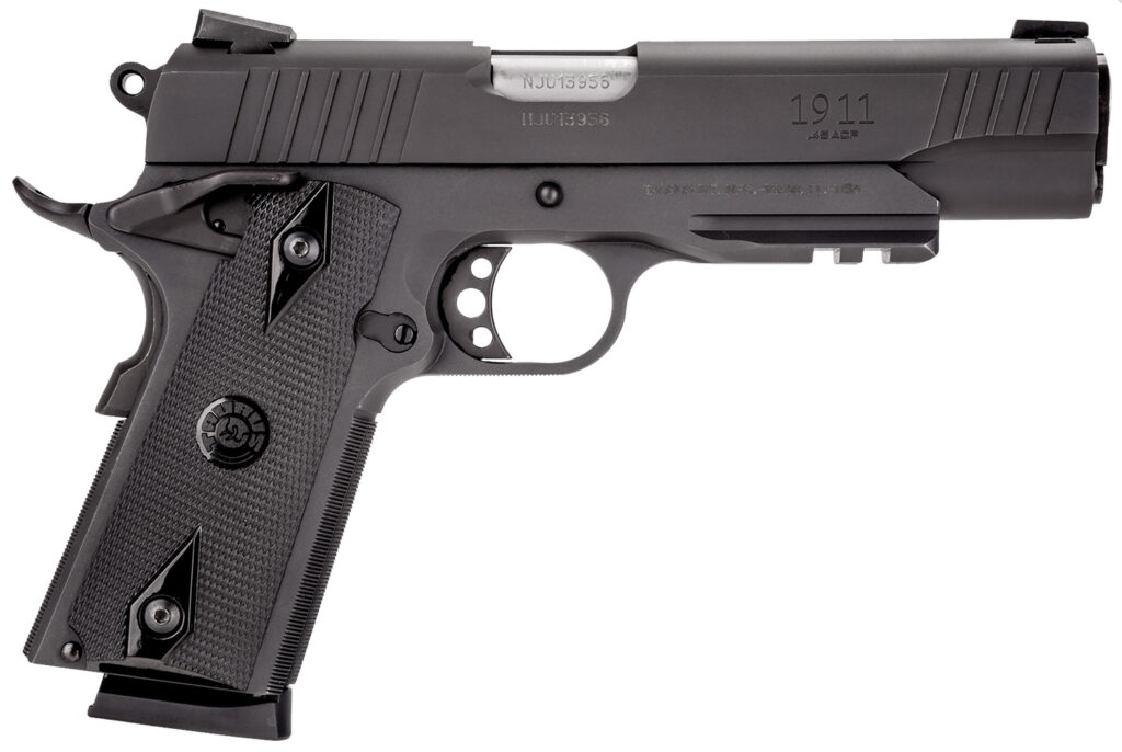 Taurus 1191101B1 1911  Full Size Frame 45 ACP 8+1 5″ Matte Stainless Steel Barrel, Matte Black Serrated Steel Slide & Frame w/Beavertail & Picatinny Rail, Black Checkered Polymer Grip, Right Hand
