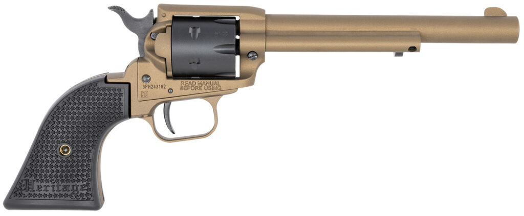 Heritage Mfg RR22A6 Rough Rider  22 LR 6 Shot, 6.50″ Burnt Bronze Cerakote Steel Barrel, Black Satin Cylinder Burnt Bronze Cerakote Steel, Black Textured Polymer Grips