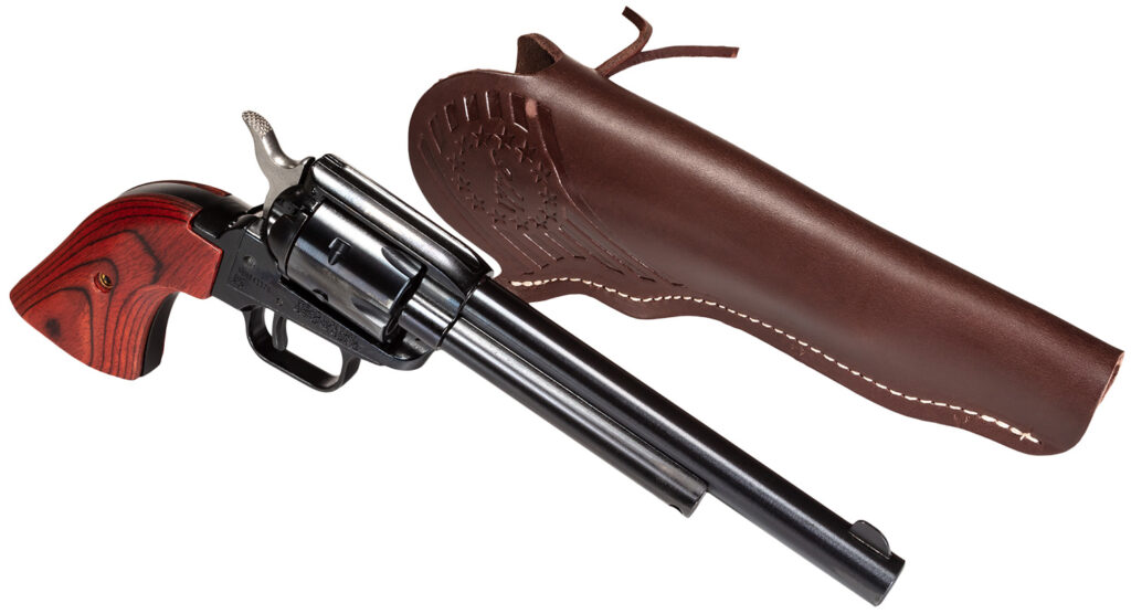 Heritage Mfg RR22B6LHOL Rough Rider  22 LR 6 Shot 6.50″ Black Oxide Barrel, Frame & Cylinder, Cocobolo Grips Features Hunter Debossed Leather Holster