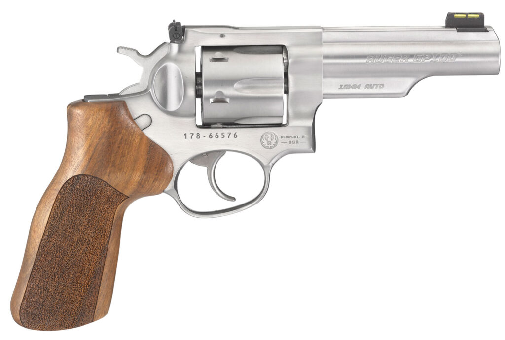 Ruger 1775 GP100 Match Champion 10mm Auto 6rd 4.20″ Satin Stainless Half-Lug Barrel, Cylinder & Frame, Hogue Stippled Hardwood Grip, Transfer Bar Safety
