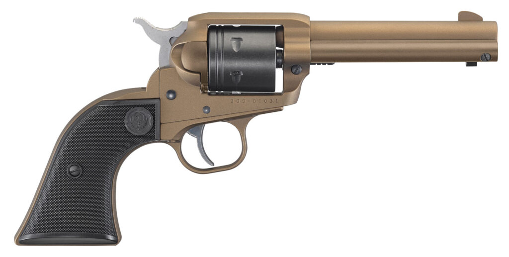 Ruger 2004 Wrangler  22 LR 6 Shot 4.62″ Burnt Bronze Cerakote Barrel, Black Cerakote Cylinder, Burnt Bronze Cerakote Frame Black Checkered Polymer Grips