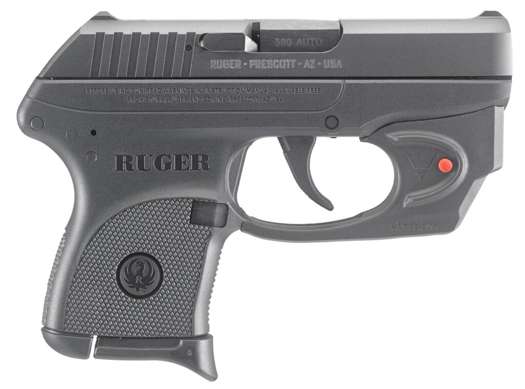 Ruger 3752 LCP w/Laser 380 ACP 6+1 2.75″ Black Steel Barrel, Black Oxide Serrated Steel Slide, Black Polymer Frame, Black Polymer Grip, Viridian E-Series Red Laser