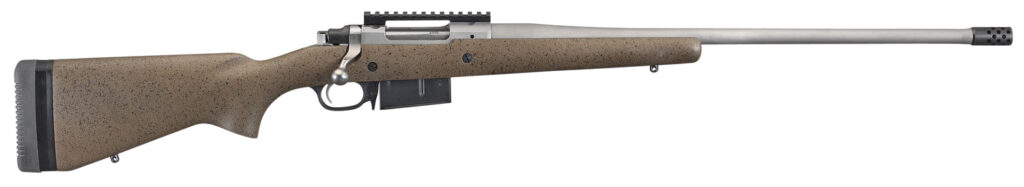 Ruger 47197 Hawkeye Long-Range Hunter Full Size 6.5 PRC 3+1 22″  Matte Stainless Steel Threaded Barrel, Picatinny Rail Stainless Steel Receiver, Black Speckled Brown Adj LOP Laminate Stock