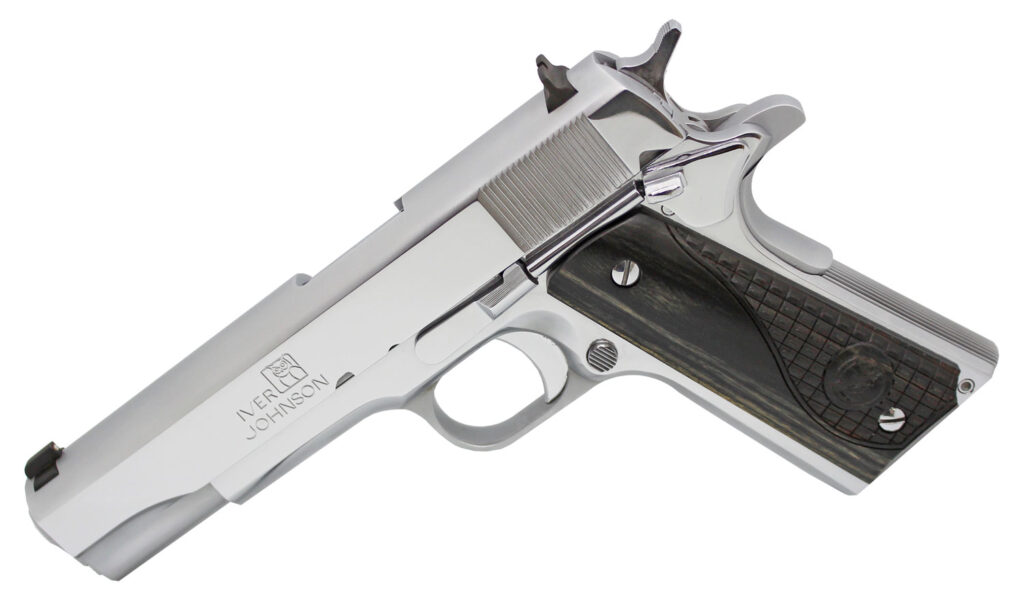 Iver Johnson Arms 1911A138CHRW 1911 A1 Government 70 Series 38 Super 9+1 5″ Bright Polish Chrome Serrated Steel Slide & Frame w/Beavertail, Black Dual Textured Diamondwood Grip, Right Hand