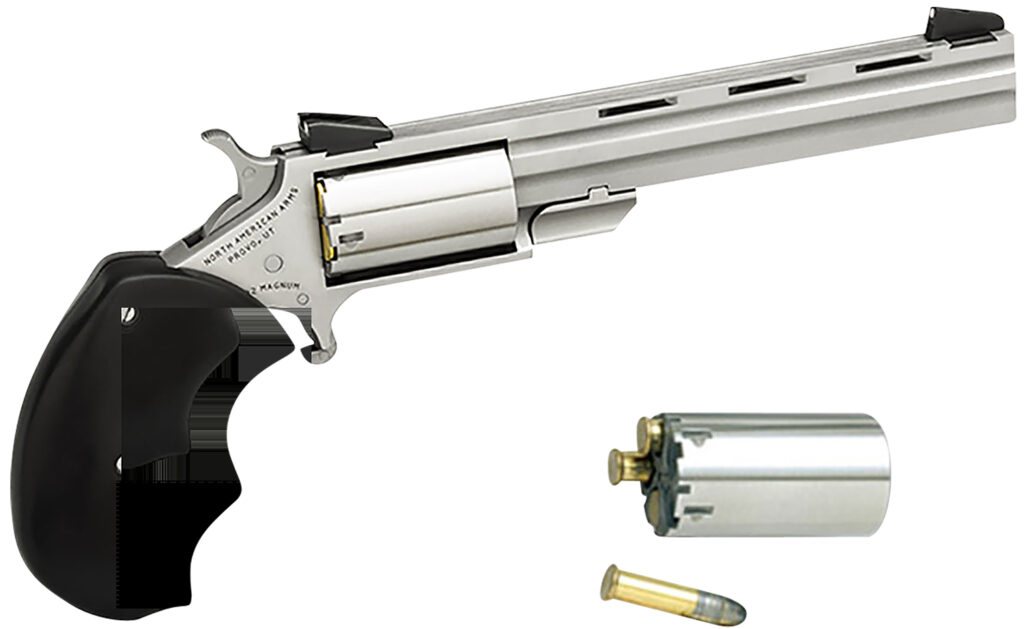 North American Arms MMC Mini-Master *CA Compliant 22 LR 22 WMR 5 Shot 4″ Stainless Vent Rib Barrel, Stainless Steel Frame & Cylinder, Black Finger Grooved Rubber Grip, Exposed Hammer