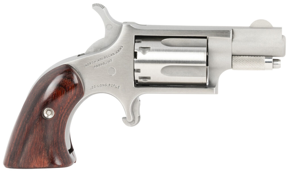 North American Arms 22LRGBG Mini-Revolver  Sports South Exclusive 2 LR 5 Shot 1.13″ Stainless Steel Barrel, Frame & Cylinder, Wood Boot Grip, Exposed Hammer
