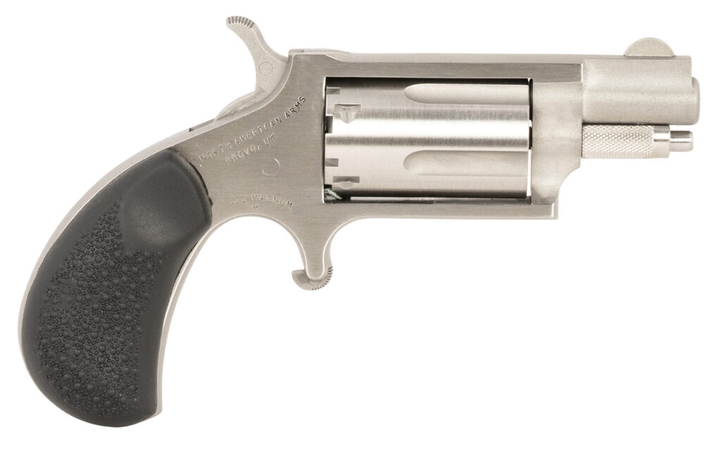 North American Arms 22MSGRCHSS Mini-Revolver Carry Combo Sports South Exclusive 22 WMR 5 Shot 1.13″ Stainless Steel Barrel, Frame & Cylinder, Black Rubber Grip, Exposed Hammer, Side Carry Holster