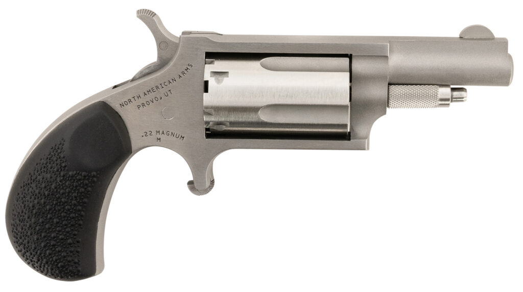 North American Arms 22MGRCHSS Mini-Revolver Carry Combo Sports South Exclusive 22 WMR 5 Shot 1.63″ Stainless Steel Barrel, Frame & Cylinder, Black Rubber Grip, Exposed Hammer, Side Carry Holster