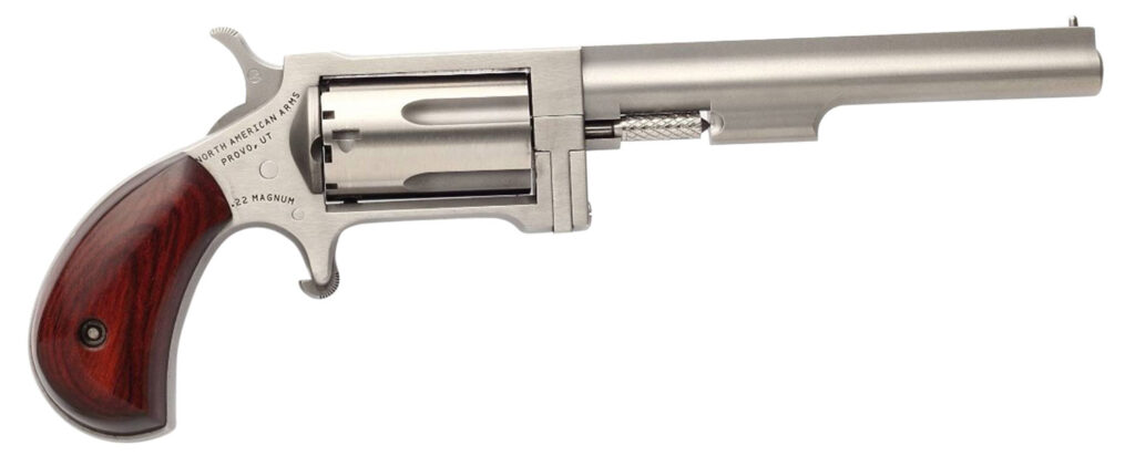 North American Arms SW4 Sidewinder *CA Compliant 22 WMR 5 Shot 4″ Stainless Steel Barrel, Frame & Cylinder, Rosewood Birdshead Grip, Exposed Hammer