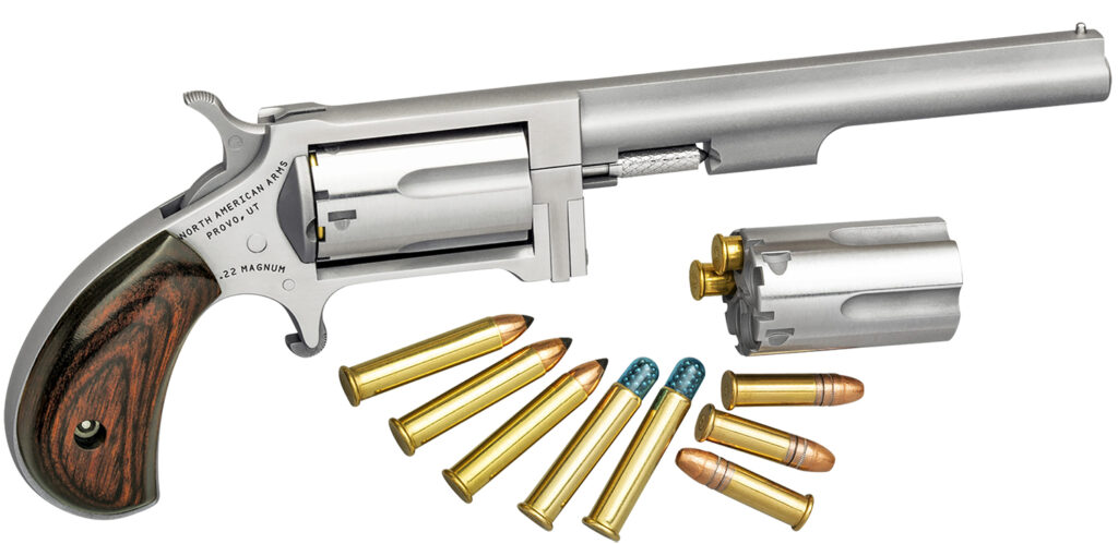 North American Arms SWC4 Sidewinder *CA Compliant 22 LR/22 WMR 5 Shot 4″ Stainless Steel Barrel, Stainless Steel Frame, Stainless Cylinder, Rosewood Birdshead Grip, Exposed Hammer