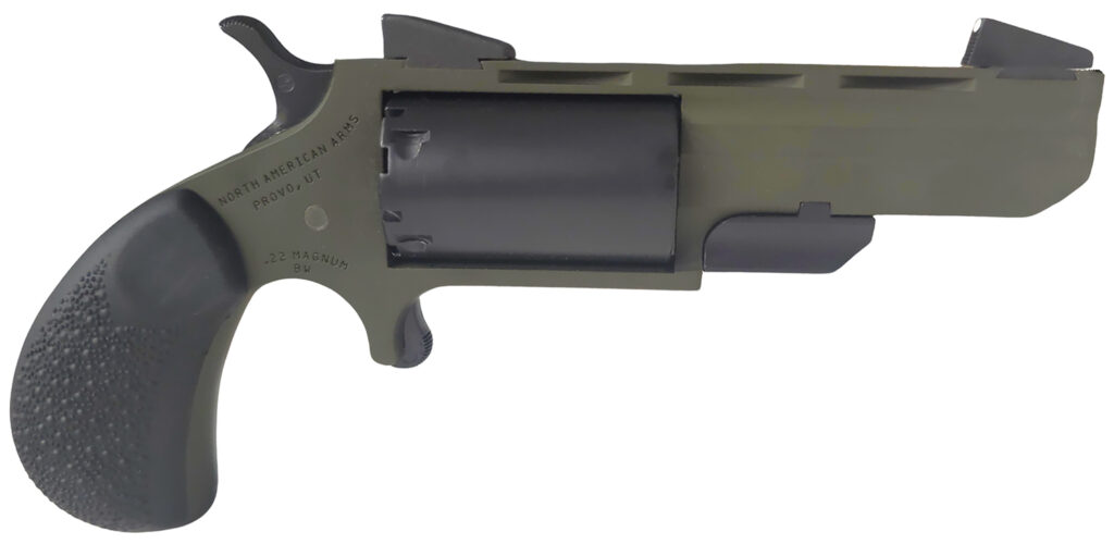 North American Arms TGHMB Green Huntsman  22 WMR 5 Shot 2″ OD Green Cerakote Heavy Vent Rib Barrel, OD Green Cerakote Steel Frame, Matte Black Cylinder, Black Cobblestone Rubber Grip, Exposed Hammer