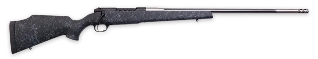Weatherby MAM01N300PR8B Mark V Accumark 300 PRC 3+1 26″ Threaded/Fluted Stainless Barrel, Graphite Black Rec, Gray Webbed Black Monte Carlo Stock, Accubrake Muzzle Brake, Adj. TriggerTech Trigger