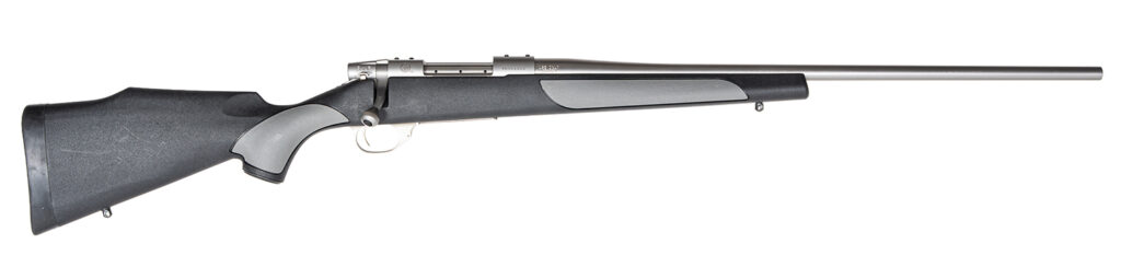 Weatherby  Vanguard Weatherguard Full Size 25-06 Rem 5+1 24″ Satin Threaded Barrel, Satin Stainless Steel Drilled & Tapped Receiver, Black/Gray Weatherguard Stock