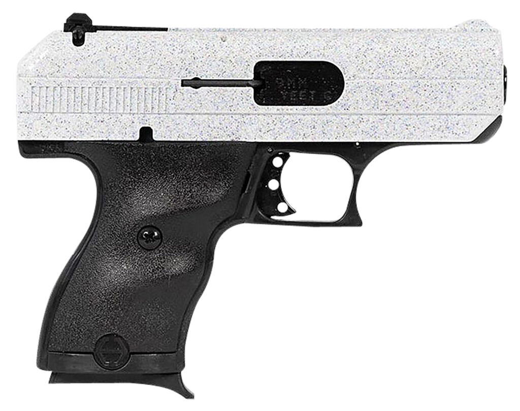 Hi-Point 916WHSP C9  9mm Luger 8+1 3.50″ Black Steel Barrel, Hydro-Dipped White Sparkle Serrated Slide, Black Polymer Frame, Black Polymer Grips