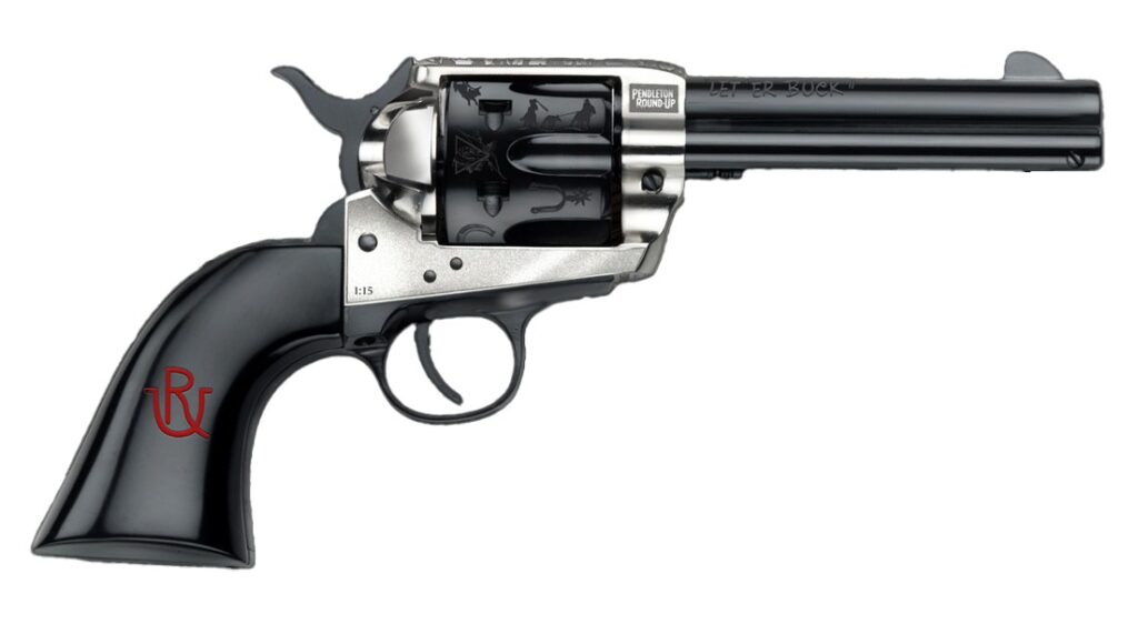 Pietta PFI357PR434BP 1873 Great Western II Pendleton Round?Up 357 Mag 6 Shot 4.75″ Blued Engraved Barrel & Cylinder, Ultra Black Engraved Grip, Exposed Hammer