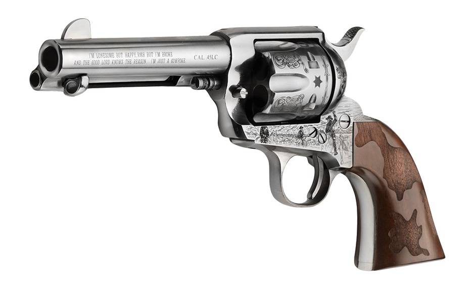 Pietta PFI45CP434EW Cowpoke 45 Colt (Long Colt) 6 Shot 4.75″ Nickel Barrel, Nickel Engraved Cylinder & Frame, Cowhide Walnut Engraved Grip, Exposed Hammer