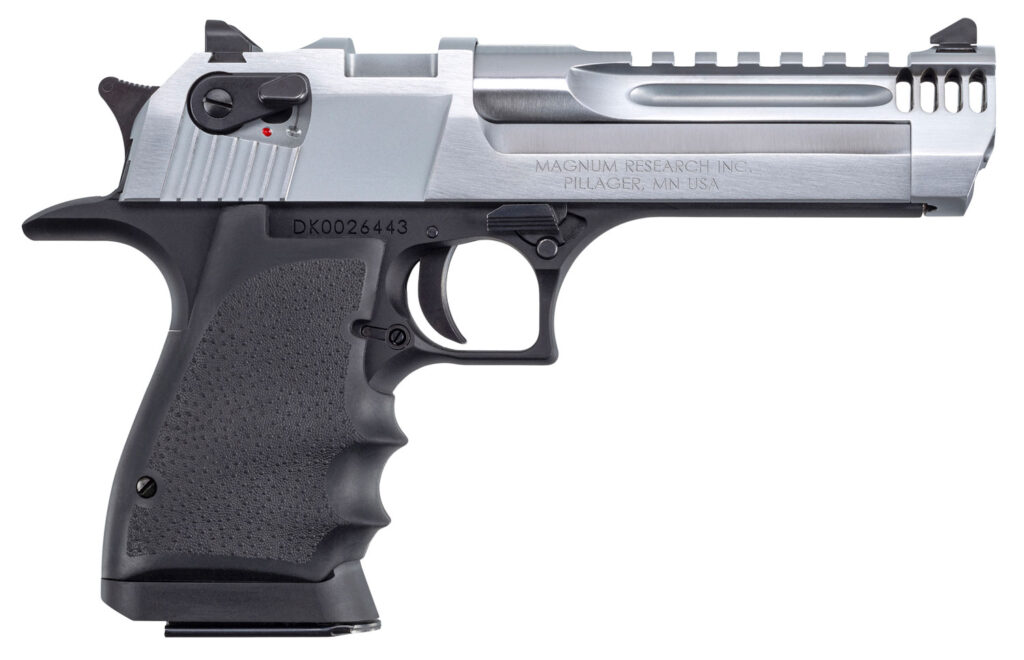 Magnum Research DE357L5BC Desert Eagle L5 357 Mag 5″ with Muzzle Brake 9+1 Black Hardcoat Anodized Aluminum Frame Brushed Chrome Carbon Steel Slide Black Hogue Wraparound Rubber Grip