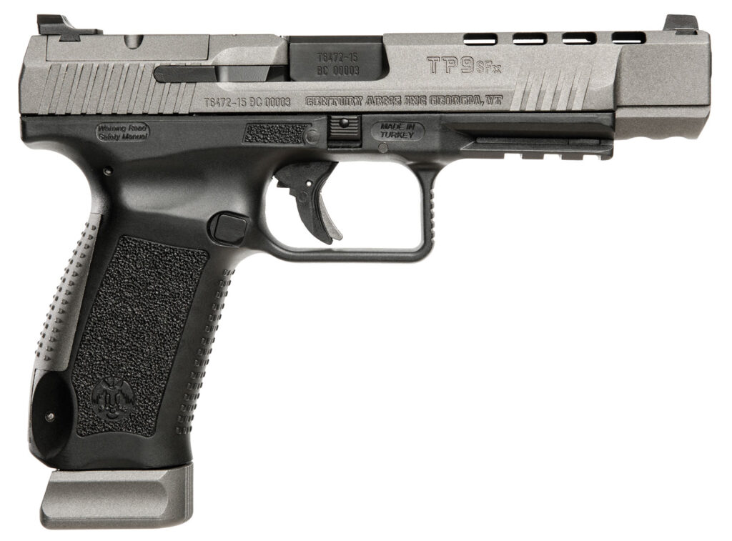 Canik HG3774GN TP9SFx  9mm Luger 20+1, 5.20″ Black Nitride Match Grade Barrel, Tungsten Gray Cerakote Optic Ready/Serrated w/Ports Steel Slide, Black Polymer Frame w/Picatinny Rail, Ambidextrous