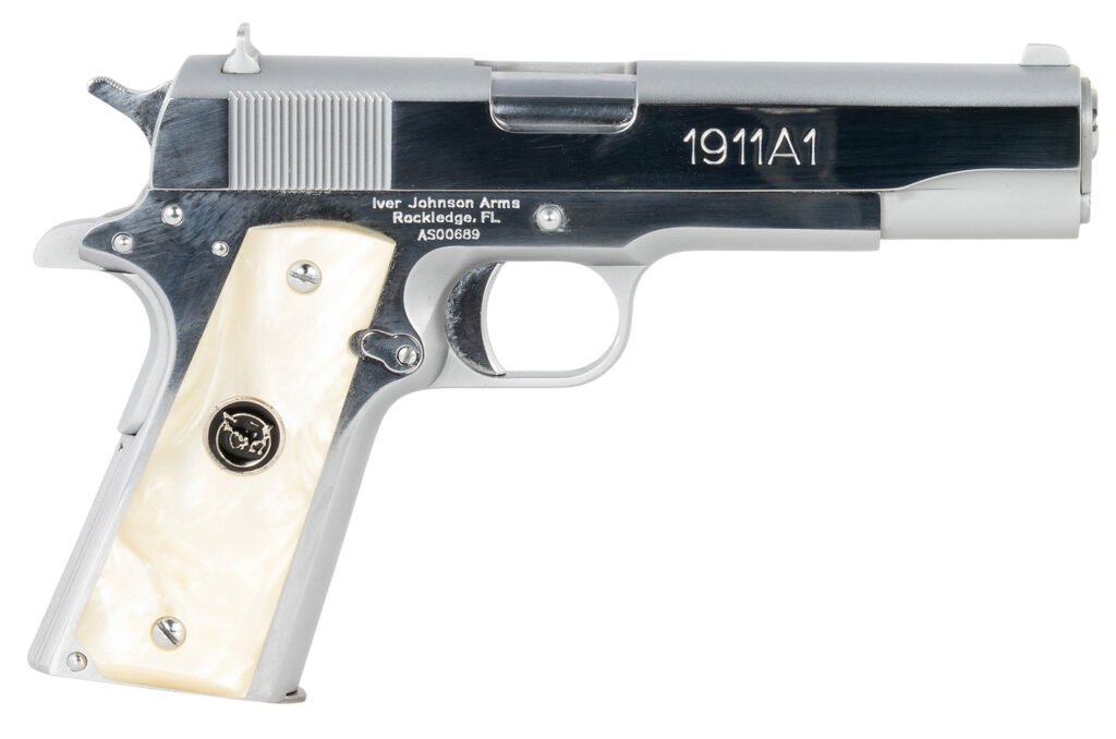 Iver Johnson Arms 1911A138CHRWP 1911 38 Super 8+1 5″ Stainless Steel Barrel, Bright Polish Chrome Stainless Steel Serrated Slide, Pearl Grip