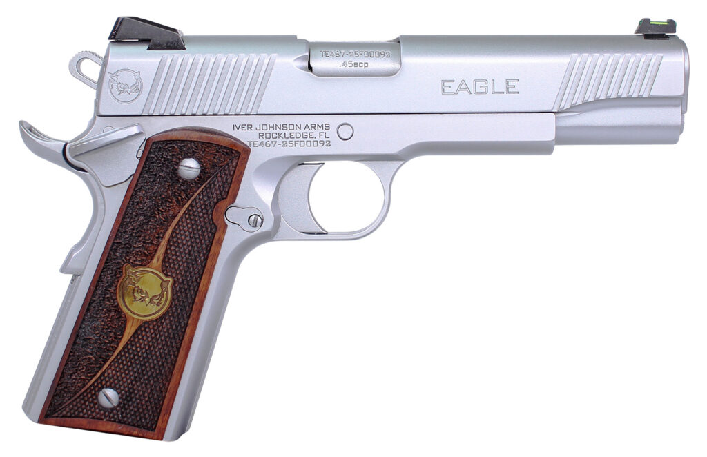 Iver Johnson Arms EAGLEHC Eagle Gen2 HC Government Frame 45 ACP 8+1 5″ Overall Satin Hard Chrome Crowned Barrel, Serrated Steel Slide & Frame w/Beavertail, Textured Walnut w/Brass Logo Medallion Grip