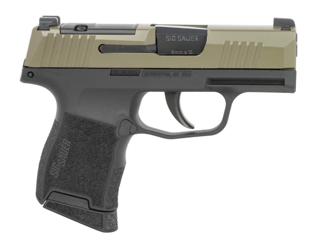 Sig Sauer 3659GXR3P P365  Micro-Compact 9mm Luger 10+1 3.10″ Black Barrel, Moss Green Stainless Steel Optic Ready/Serrated Slide, Black Alloy Frame w/Accessory Rail, Textured Grip, RMSc Footprint