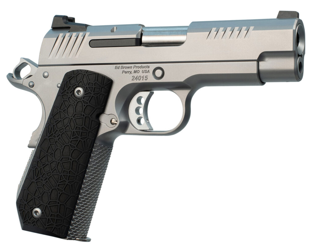 Ed Brown EVOKC9 1911 EVO KC9 9mm Luger 9+1 4″ Barrel, Snakeskin Serrated Stainless Steel Bobtail Frame, Serrated Slide w/Recessed Slide Stop, Black G10 Grip