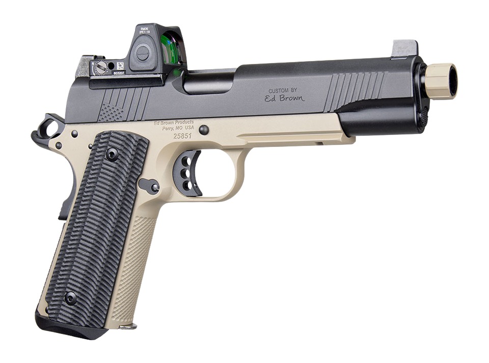 Ed Brown SFSOCM SOCOM Gen4 45 ACP 8+1 5″ Black Nitride Threaded Barrel, Black Gen4 Serrated w/Optic Slide, Flat Dark Earth Steel Frame w/Accessory Rail, VZ Alien Grip, Trijicon RMR 3.25 MOA Red Dot Si