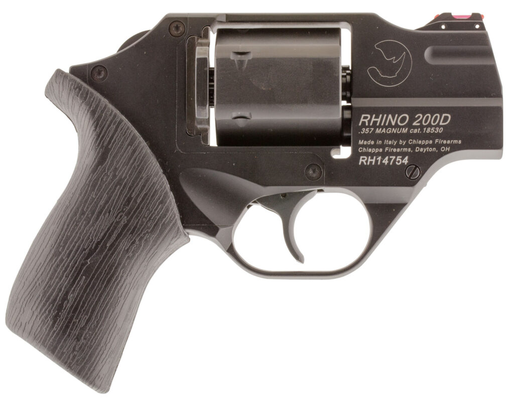 Chiappa Firearms CF340217 Rhino 200D Small Frame 357 Mag, 6 Shot 2″ Black Anodized Steel Barrel, Blued Cylinder Black Anodized Aluminum Frame, Black Rubber Grip, Concealed Hammer