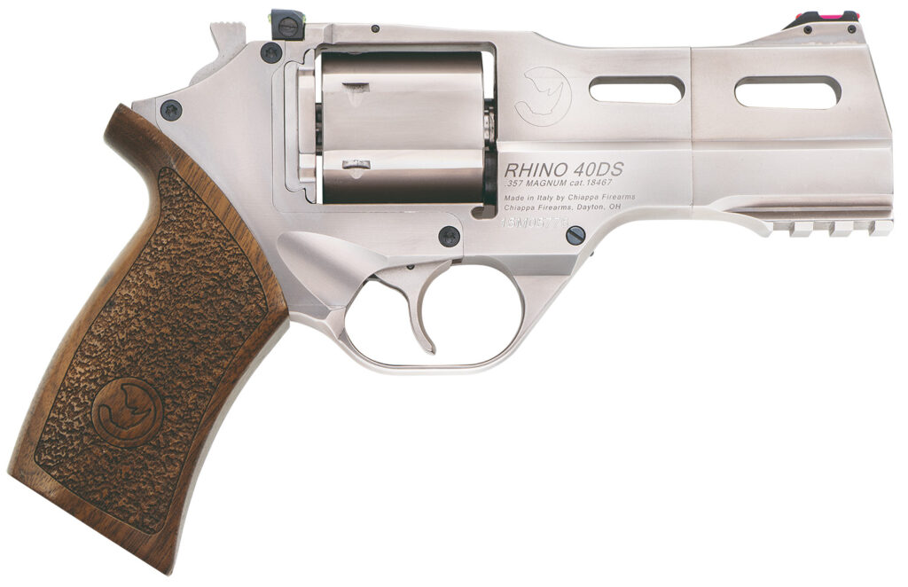 Chiappa Firearms CF340245 Rhino 40SAR *CA Compliant Medium Frame 357 Mag 6 Shot, 4″ Nickel-Plated Steel Barrel & Cylinder, Nickel-Plated Aluminum Frame w/Picatinny Rail, Walnut Grip, Concealed Hammer