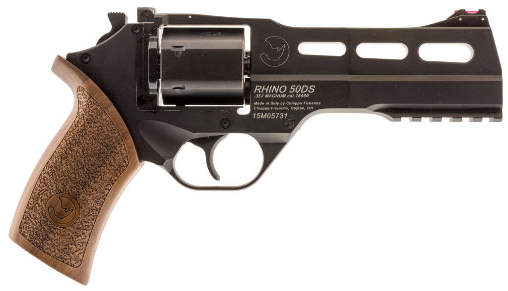 Chiappa Firearms CF340246 Rhino 50SAR  Medium Frame 357 Mag 6rd 5″ Black Anodized Steel Vent Rib Barrel, Black Cylinder, Black Anodized Aluminum Frame w/Picatinny Rail, Walnut Grip, Exposed Hammer