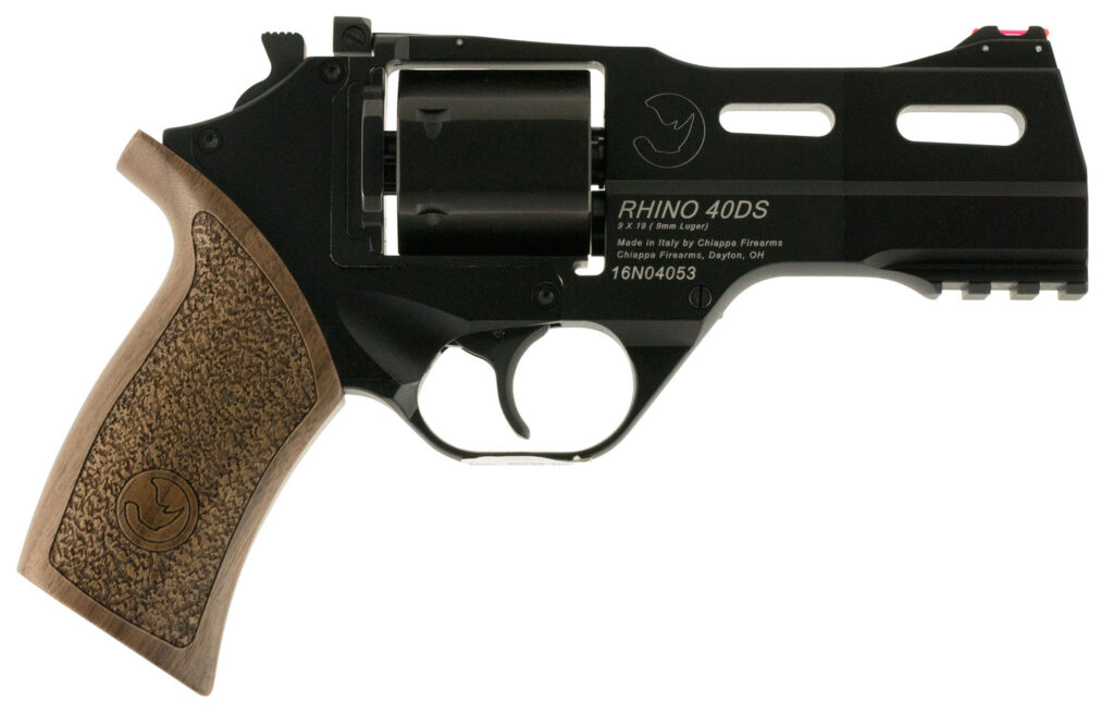 Chiappa Firearms 340165 Rhino 40DS  Medium Frame 9mm Luger 6 Shot 4″ Black Anodized Steel Vent Rib Barrel, Blued Steel Cylinder, Black Anodized Aluminum Frame, Walnut Grip, Concealed Hammer