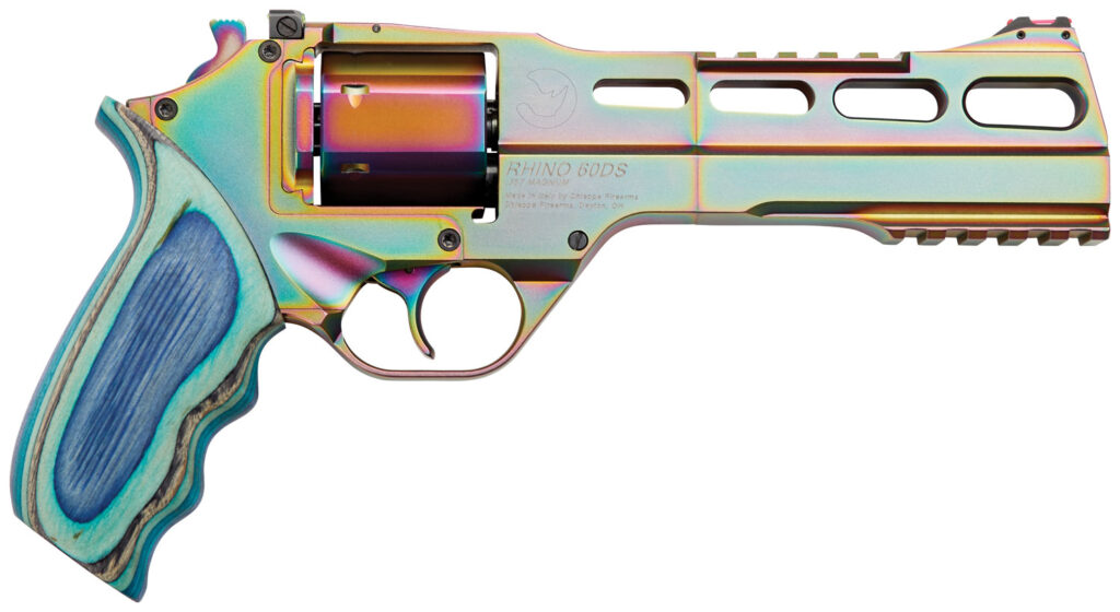 Chiappa Firearms CF340301 Rhino 60SAR Nebula *CA Compliant 357 Mag Caliber with 6″ Picatinny Rail/Vent Rib, 6rd Capacity Cylinder, Rainbow PVD Metal Finish & Blue Laminate Grip