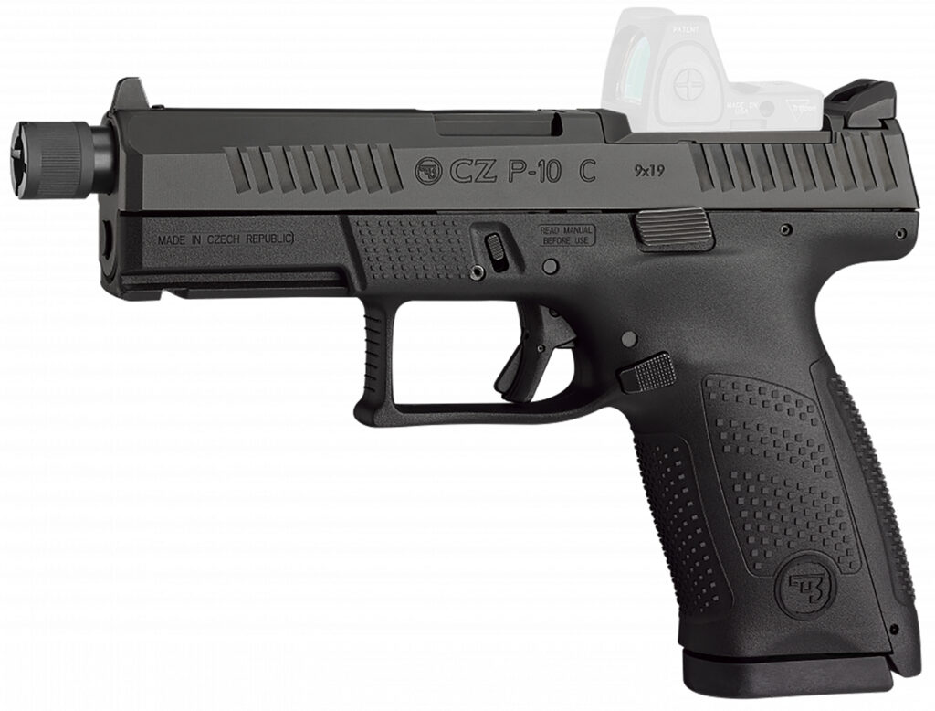 CZ-USA 91513 P-10 C  Compact 9mm Luger 17+1 4.02″ Black Threaded Barrel, Black Nitride Optic Ready/Serrated Steel Slide, Black Polymer Frame w/Picatinny Rail, Interchangeable Backstrap Grip
