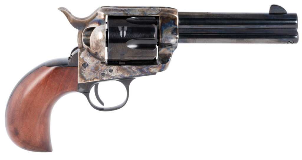 Taylors & Company 200069 1873 Cattleman 357 Mag Caliber with 4.75″ Blued Finish Barrel, 6rd Capacity Blued Finish Cylinder, Color Case Hardened Finish Steel Frame & Birdshead Walnut Grip