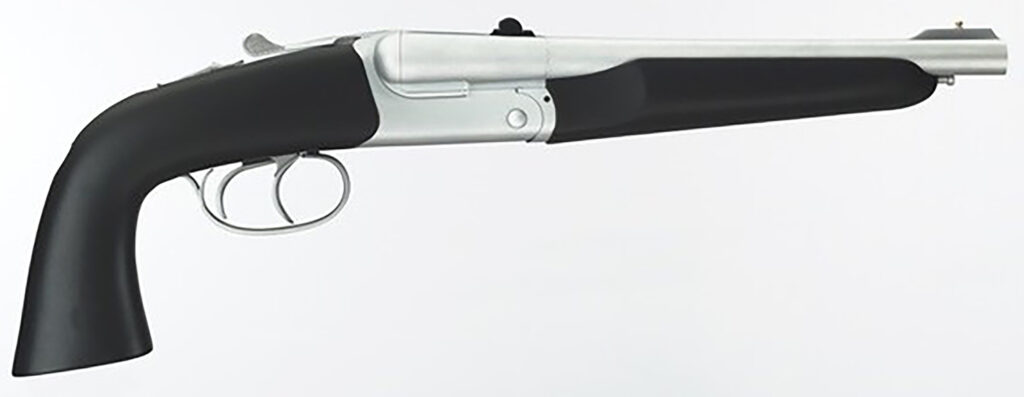 Taylors & Company 210248 Alaskan Howdah Pedersoli 45 Colt (Long Colt) SA 410 Gauge 2 Shot 10.25″ Matte Chrome Octagon Barrel, Matte Chrome Steel Frame, Black Rubber Grip