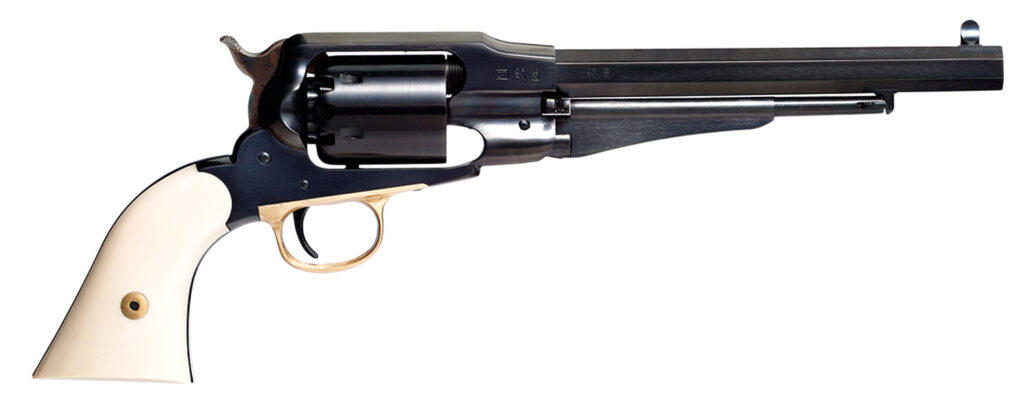 Taylors & Company 550778 1858 Remington Sodbuster Uberti 44 Cal 6 Shot Percussion 8″ Blued Octagon Barrel, Blued Cylinder & Steel Frame, Ivory Polymer Grip