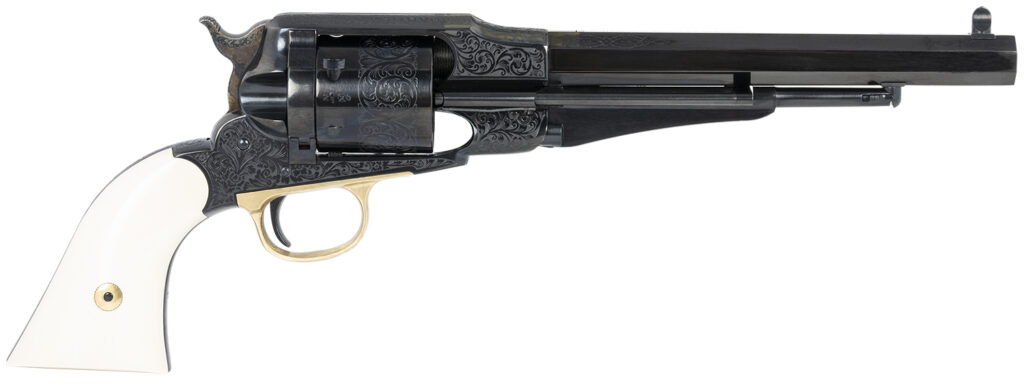 Taylors & Company 550761 Remington Conversion LawDawg 45 Colt (Long Colt) 6 Shot 8″ Blued Engraved Octagon Barrel, Blued Engraved Cylinder, Blued Engraved Steel Frame, Ivory Grip, Exposed Hammer