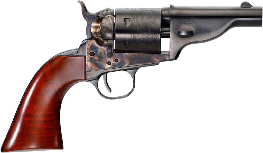 Taylors & Company 550958 Uberti Hickok Open-Top 38 Special 6 Shot 3.50″ Blued Barrel, Blued Engraved Cylinder, Color Case Hardened Steel Frame, Walnut Army Grip, Hammer Bar Safety, Exposed Hammer